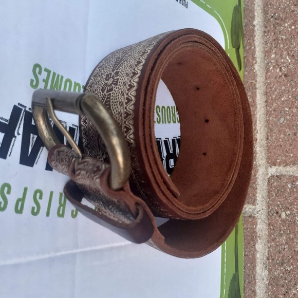 Leather Belt Mediterranean Handtooled designs 100%LEATHER in GOLDEN BROWN  34" - Picture 2 of 6